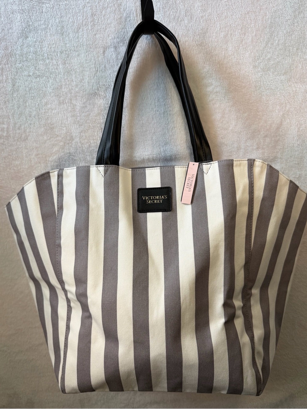 Victoria's Secret Gray and White Striped Canvas Tote with Black Handles NWT